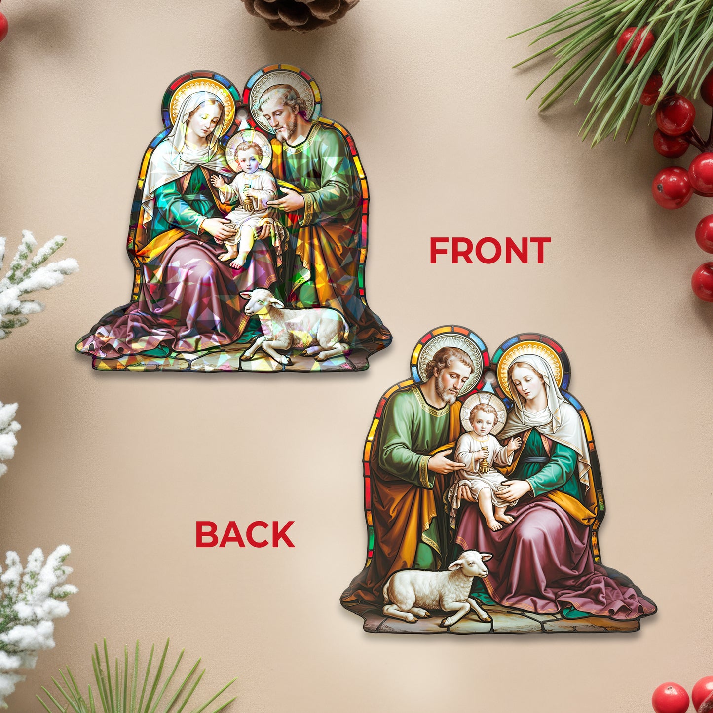Stained Glass Holy Family Bell Holographic Christmas Ornament | Nativity Bell Keepsake | Religious Christian Decoration