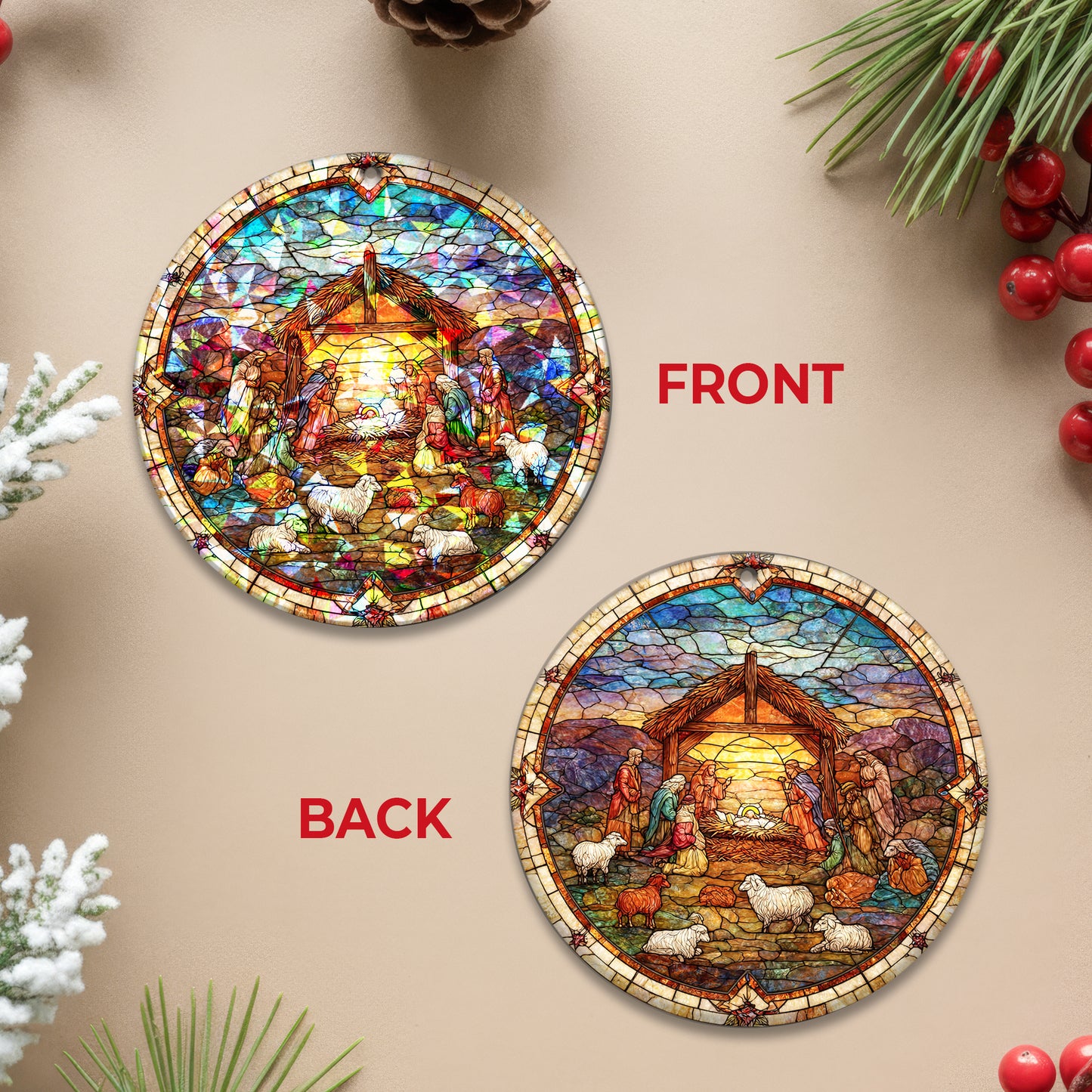 Stained Glass Nativity Scene Holographic Christmas Ornament | Full Manger Scene | Religious Christian Keepsake