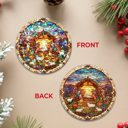 Stained Glass Nativity Scene Holographic Christmas Ornament | Full Manger Scene | Religious Christian Keepsake