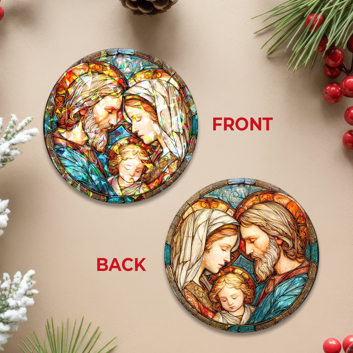 Stained Glass Holy Family Holographic Christmas Ornament | Religious Christian Keepsake | Nativity Decoration