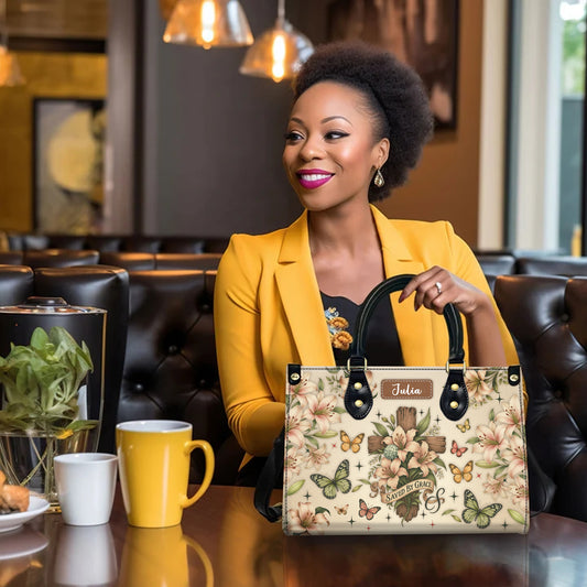 Saved By Grace Vintage Floral Cross Personalized Leather Handbag