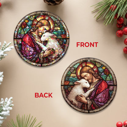 Stained Glass Good Shepherd Holographic Christmas Ornament | Jesus and Lamb Religious Keepsake | Christian Tree Decoration