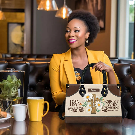 I Can Do All Things Through Christ Daisy Faith Philippians 4:13 Personalized Leather Handbag