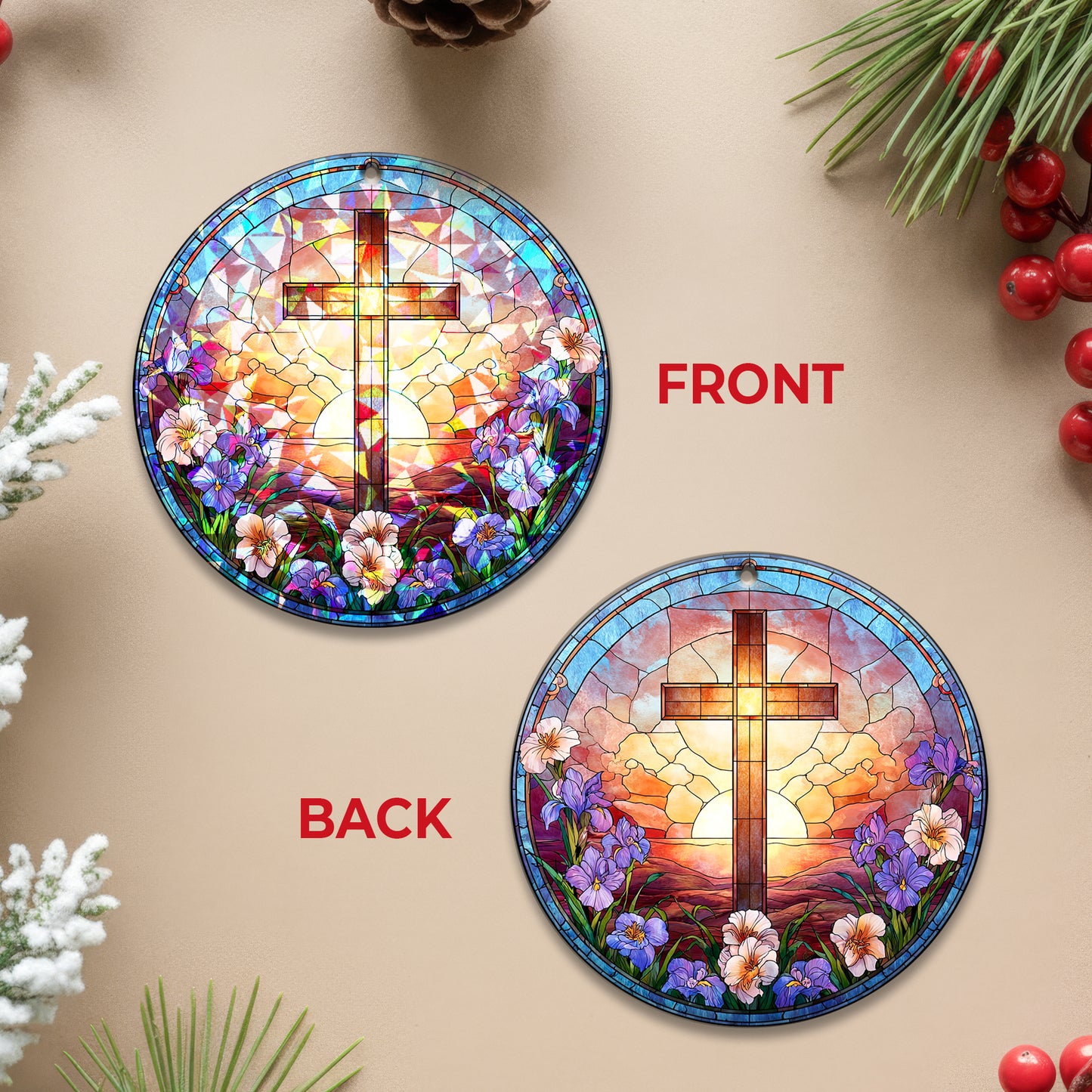 Stained Glass Cross Holographic Christmas Ornament | Symbol of Hope & New Life | Religious Christian Keepsake