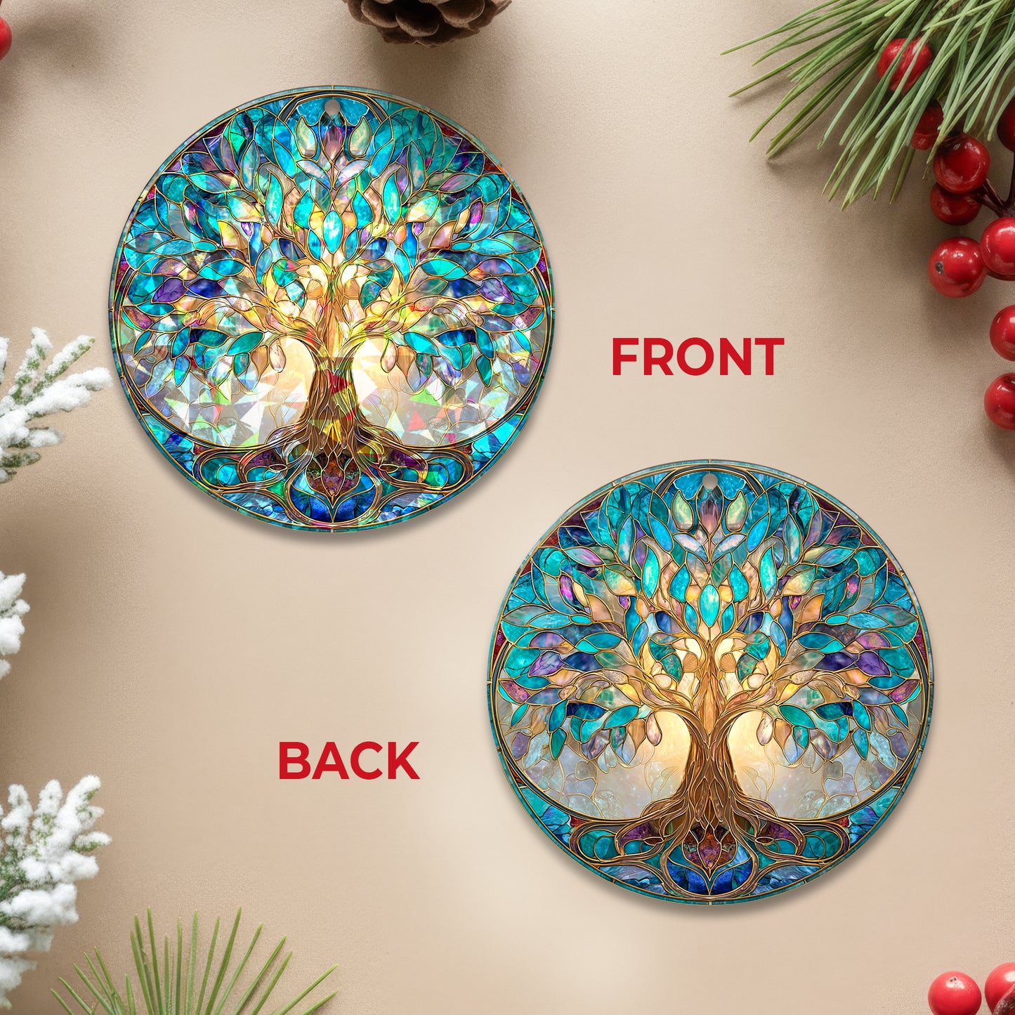 Vibrant Tree of Life Stained Glass Holographic Christmas Ornament | Symbol of Growth & Family | Colorful Holiday Keepsake