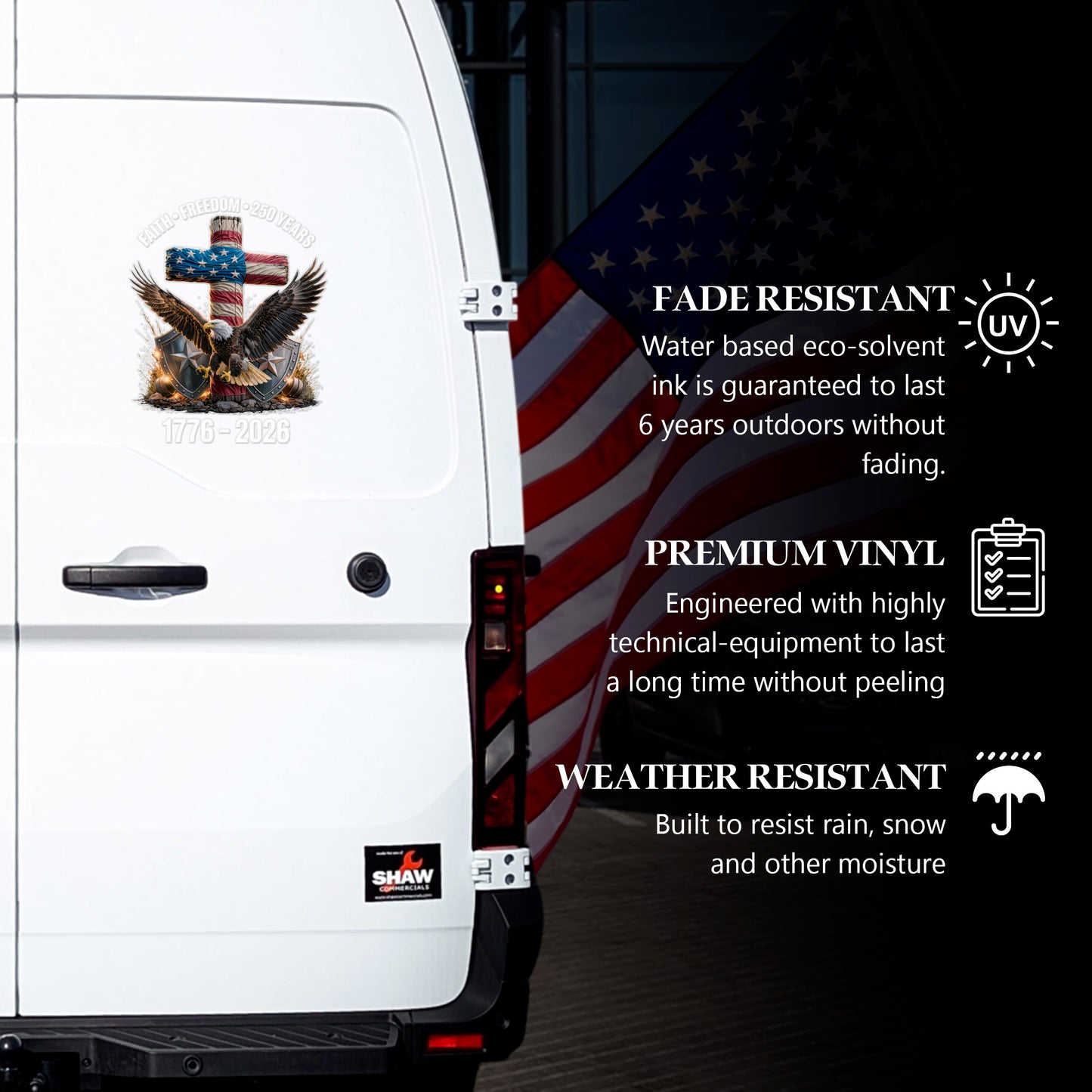 [NEW] Waterproof USA 250 Faith Freedom Eagle Cross Decal – 1776–2026 Patriotic Design