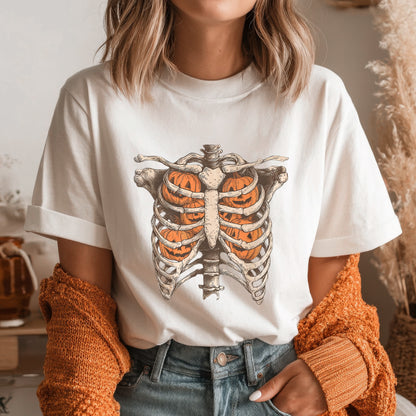 Pumpkin Ribcage Skeleton Halloween T-Shirt Jack-O-Lantern Anatomy Spooky Season Tee