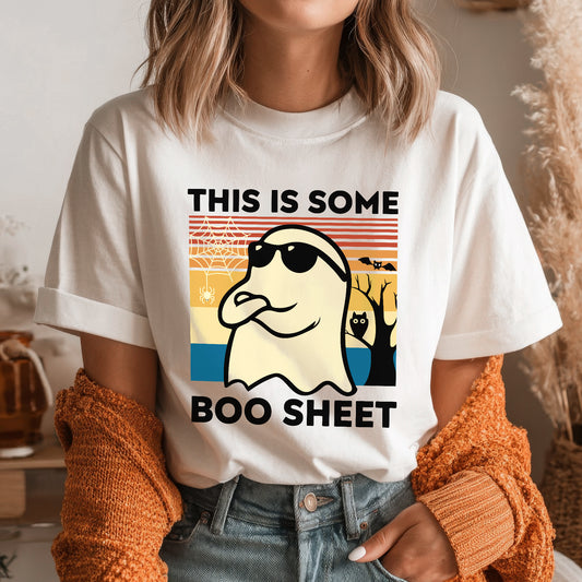 This Is Some Boo Sheet Funny Ghost Halloween T-Shirt - Vintage Sunset Spooky Season Humor Tee
