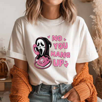 No You Hang Up Ghostface Pink Phone Halloween T-Shirt Scream Movie Horror Romance Tee