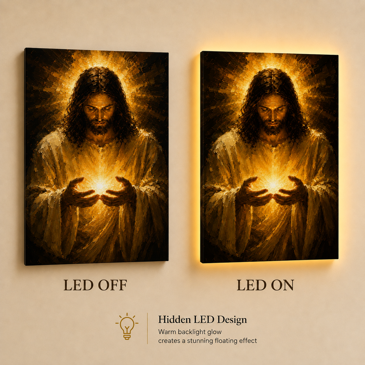 LED Jesus Light of Hope Canvas/Mica – Christian Wall Art with Hidden Backlight