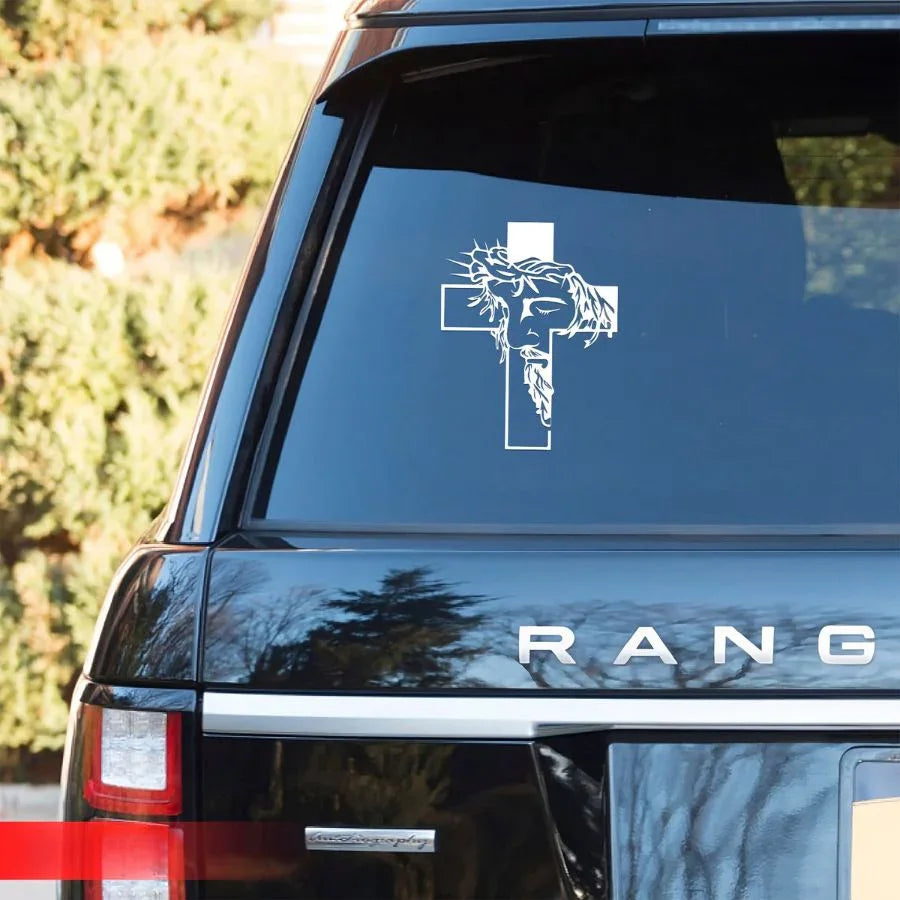 Jesus Face & Cross Decal – Waterproof Christian Sticker for Car, Laptop, Water Bottle & More - Faith Guided Life