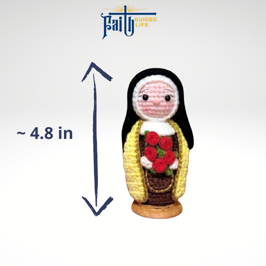Handmade Crochet Saint Thérèse of Lisieux Doll with Roses (Includes Wooden Base)