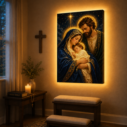 LED Holy Family Radiant Night Canvas/Mica – Christian Wall Art with Hidden Backlight