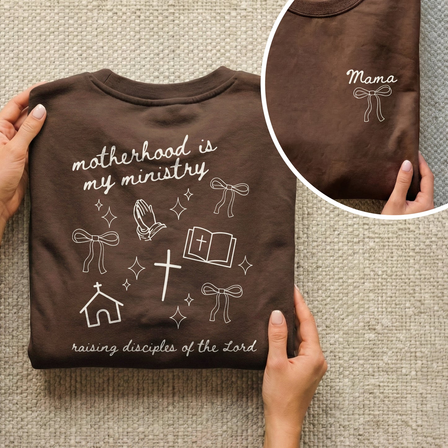 Minimal Mama Ministry with Christian Icons – Two Sides – She is Bless – Unisex Tshirt /Hoodie/Sweatshirt