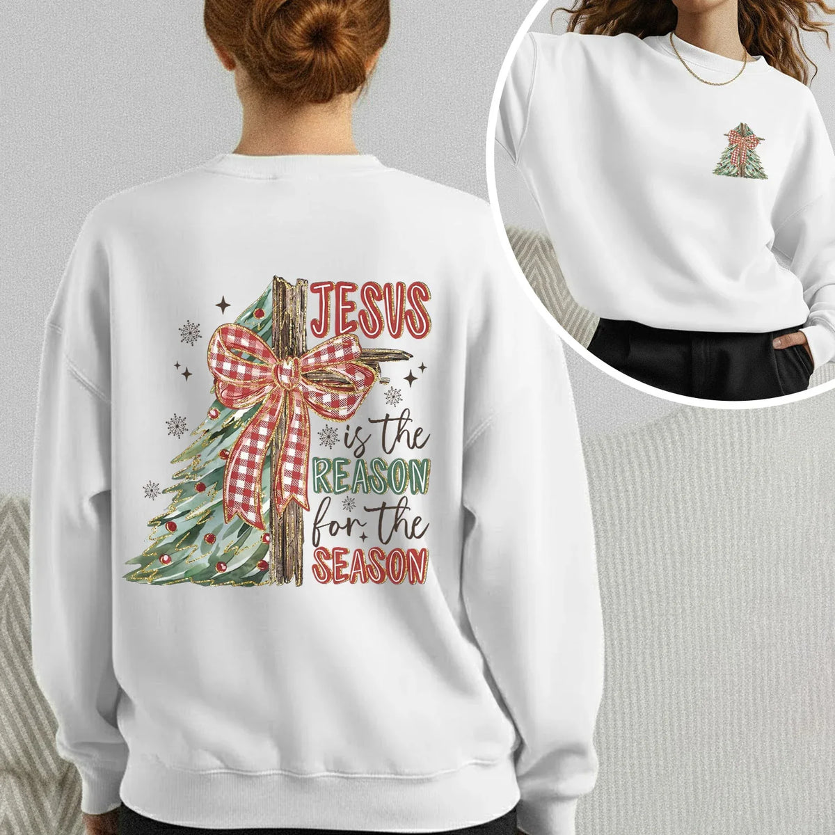 Jesus Is the Reason – Christmas Tree & Cross Bow Design - Two sides - Merry Christmas - Unisex Tshirt / Hoodie / Sweatshirt - Faith Guided Life