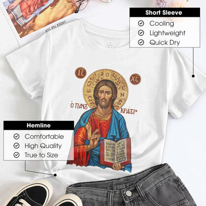 Orthodox Jesus Christ Cyrillic Icon T-Shirt - Russian Slavonic Traditional Sacred Art