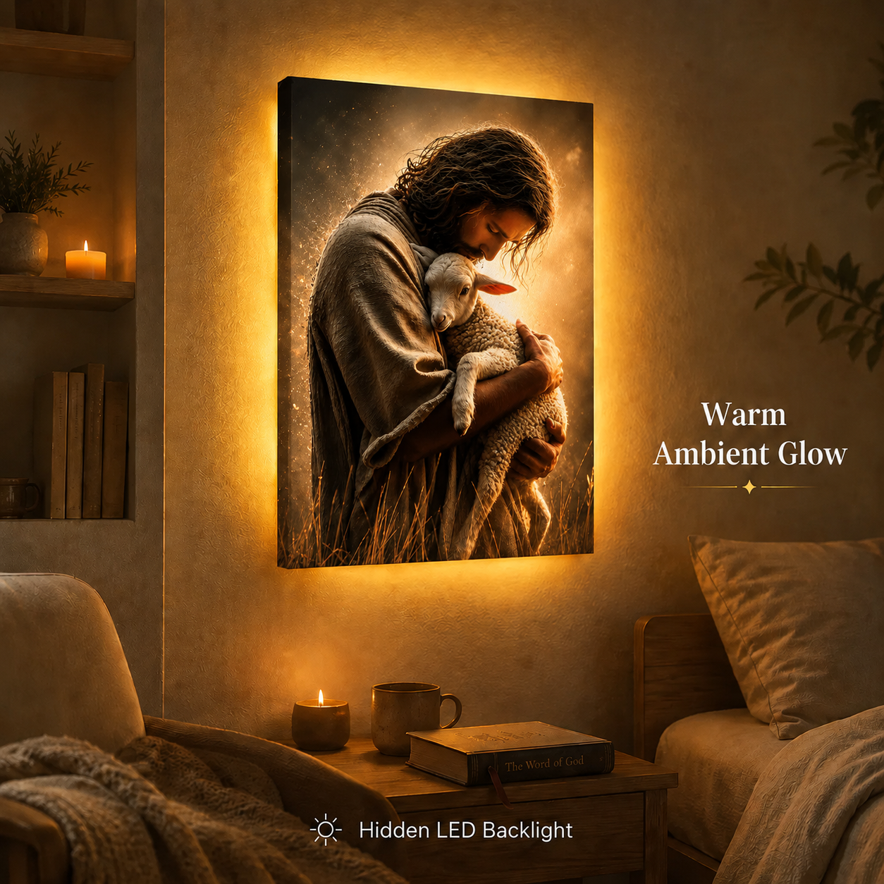 LED Jesus The Good Shepherd Canvas/Mica – Christian Wall Art with Hidden Backlight