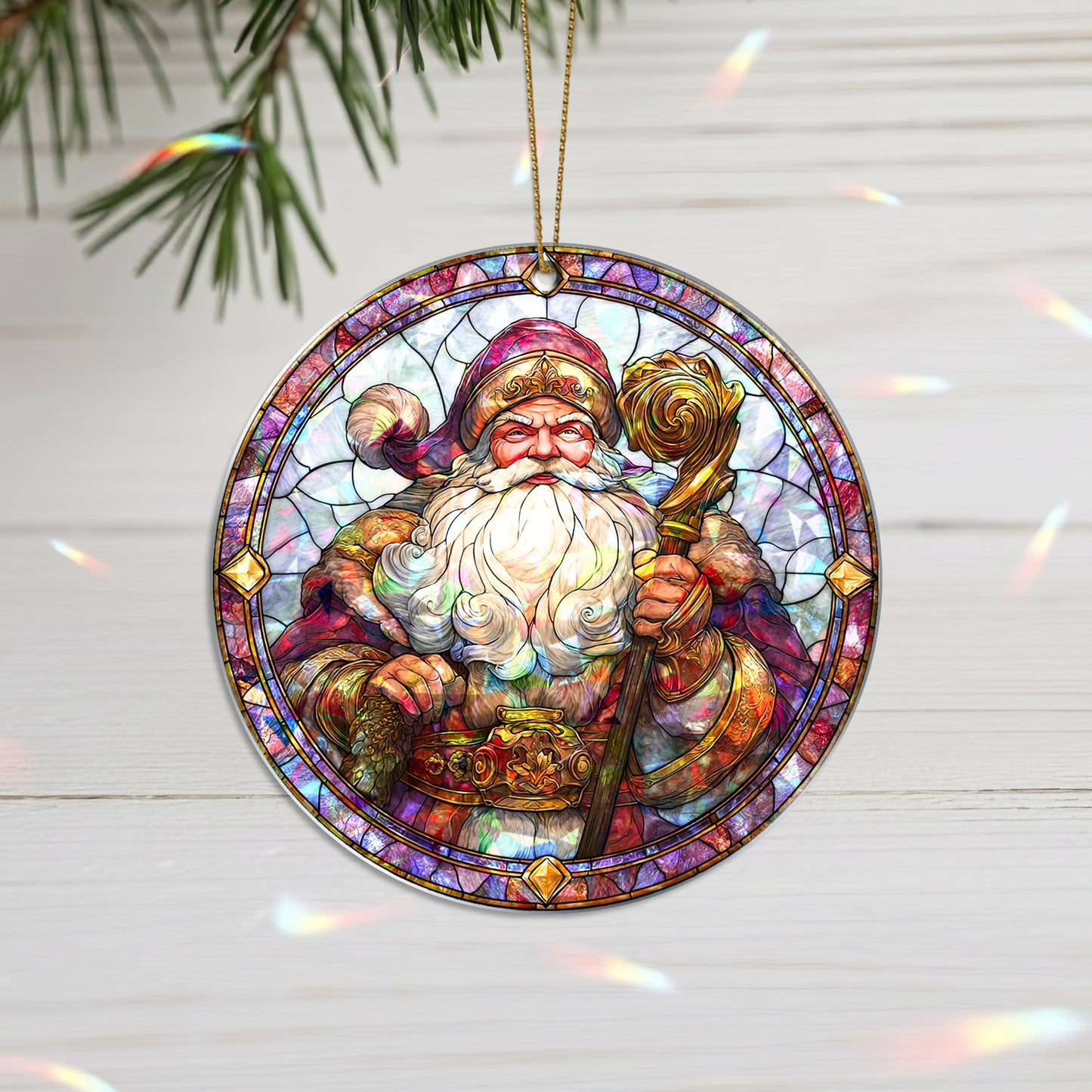 Stained Glass Santa Claus Holographic Christmas Ornament | Majestic St. Nick | Festive Holiday Keepsake