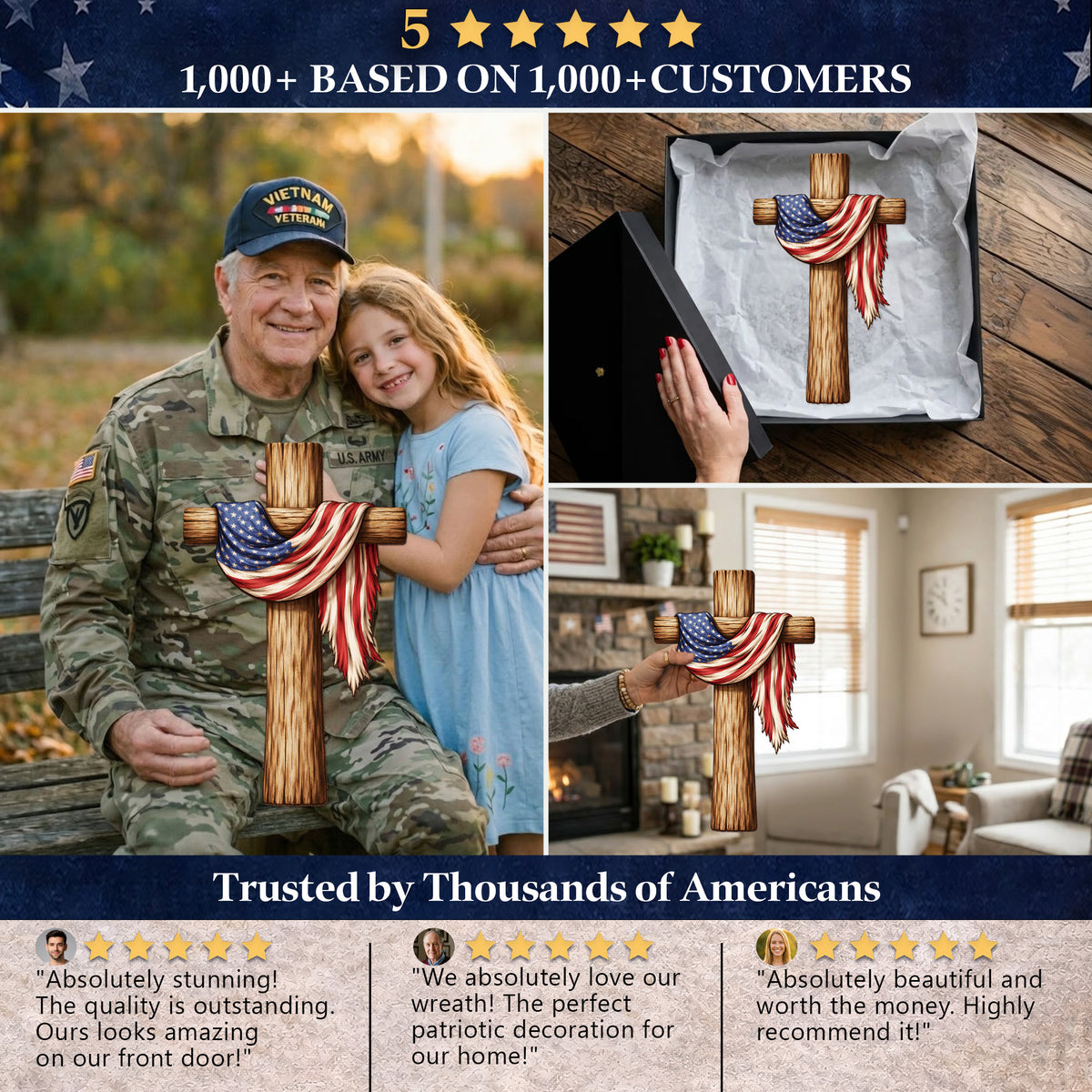 Rustic USA Faith Cross Door Decor for Memorial Day, Independence Day, and Everyday Home Display