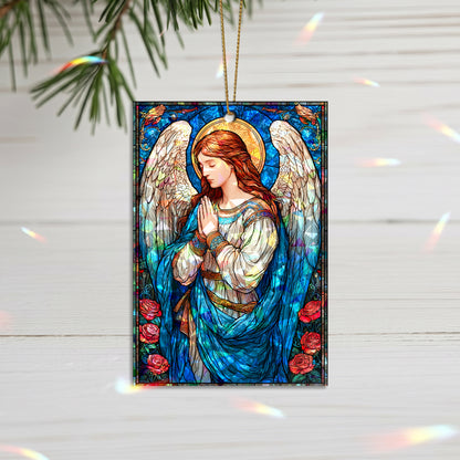 Stained Glass Angel Holographic Christmas Ornament | Serene Angel of Peace | Religious Christian Keepsake