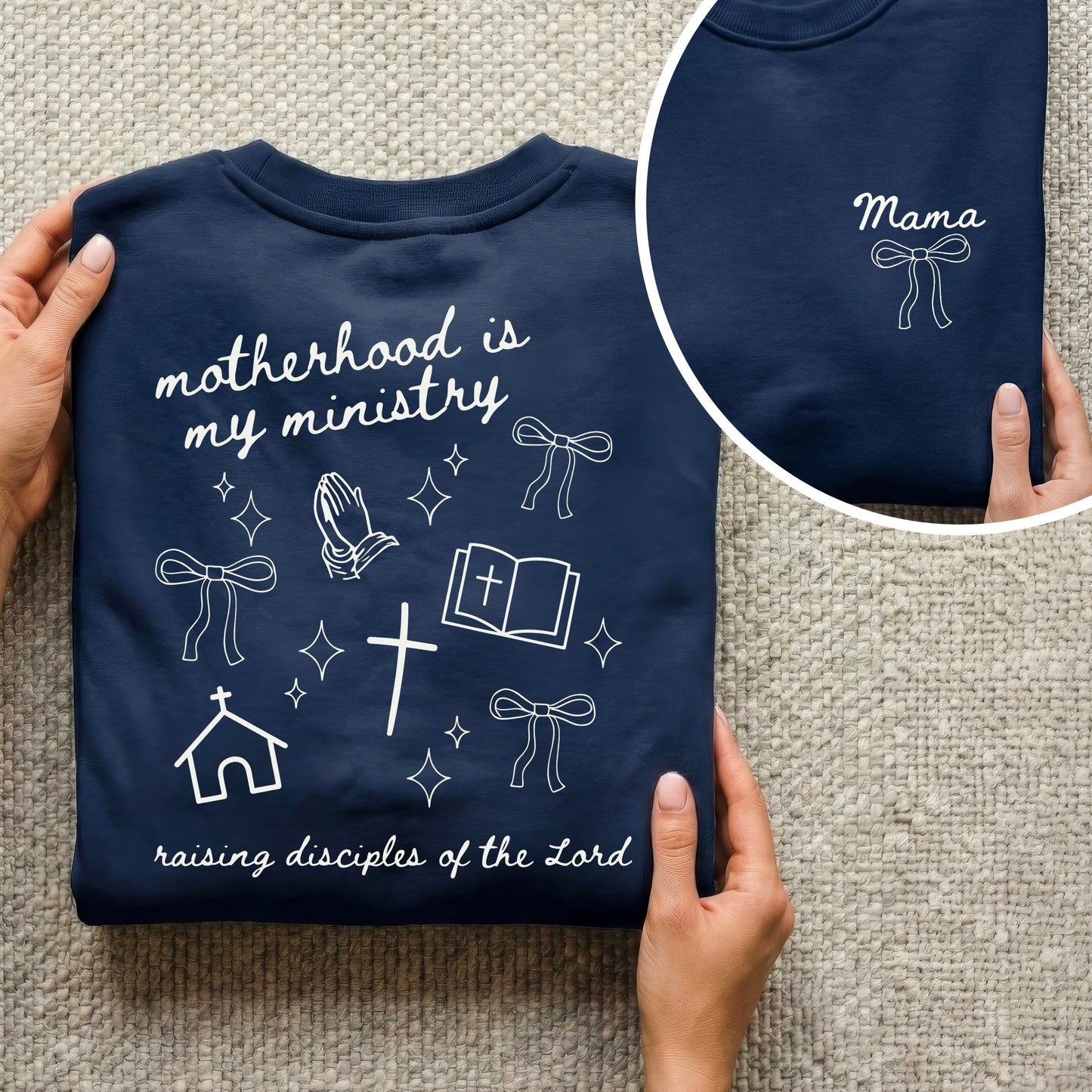 Minimal Mama Ministry with Christian Icons – Two Sides – She is Bless – Unisex Tshirt /Hoodie/Sweatshirt