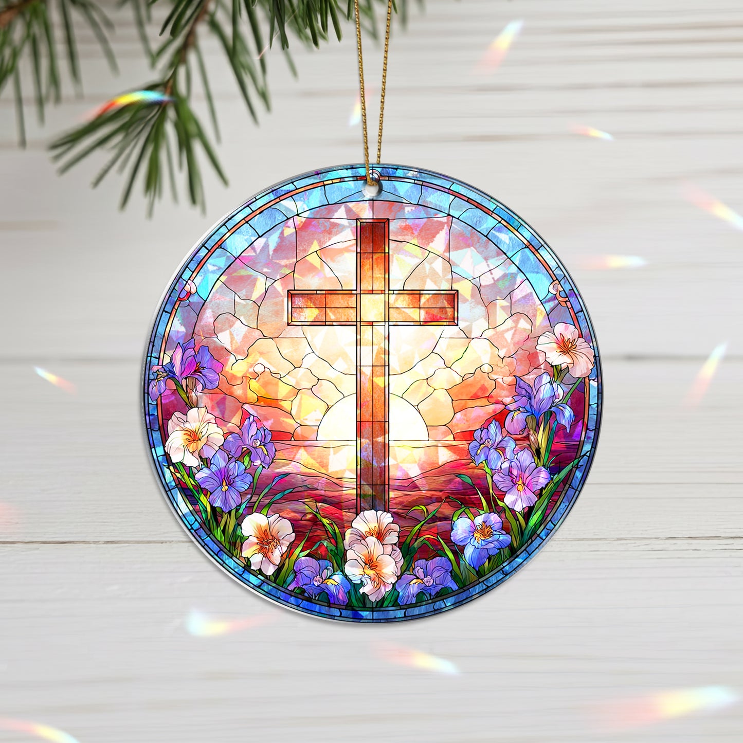 Stained Glass Cross Holographic Christmas Ornament | Symbol of Hope & New Life | Religious Christian Keepsake