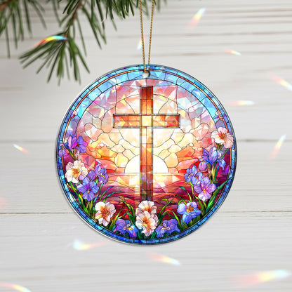 Stained Glass Cross Holographic Christmas Ornament | Symbol of Hope & New Life | Religious Christian Keepsake