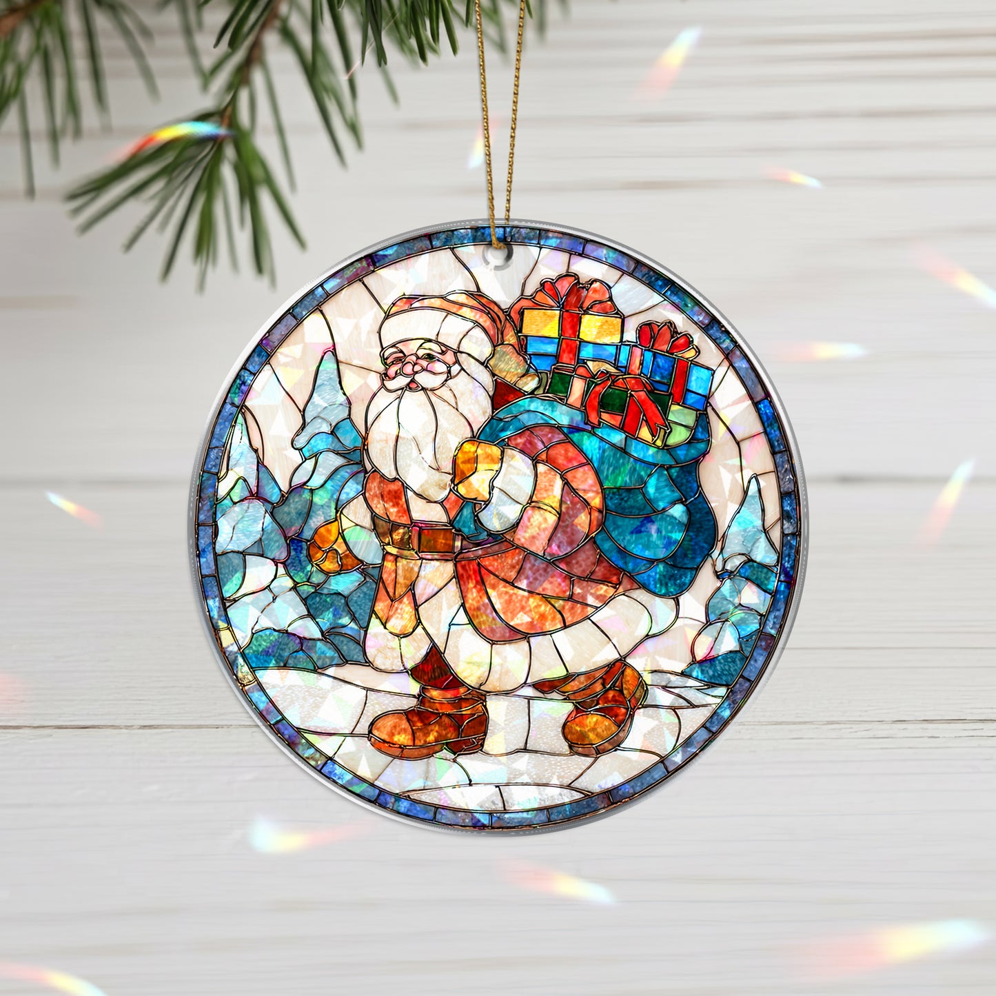 Stained Glass Santa Claus Holographic Christmas Ornament | Festive Holiday Keepsake | Jolly St. Nick Tree Decoration