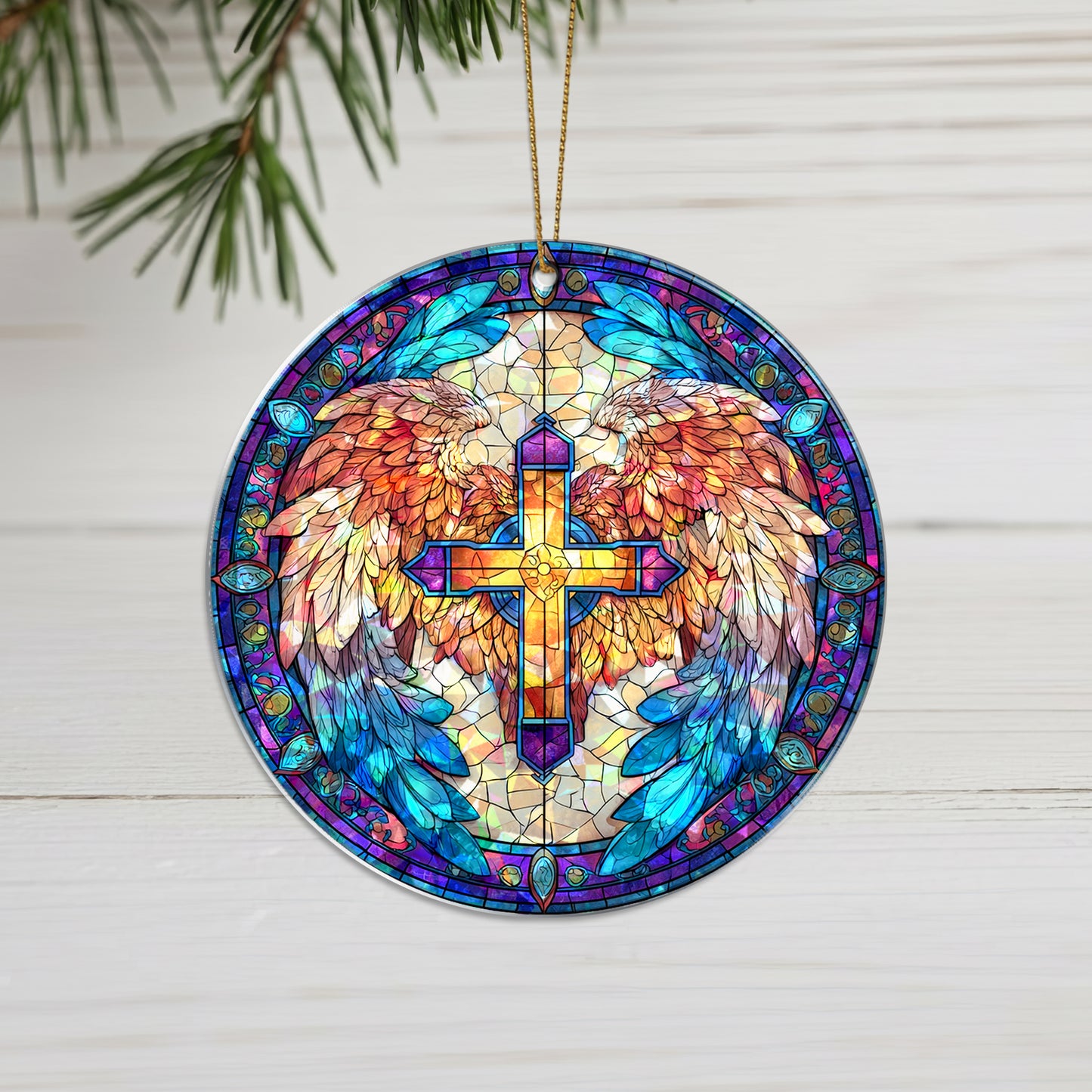 Stained Glass Angel Wing Cross Holographic Ornament | Symbol of Hope & Victory | Christian Keepsake