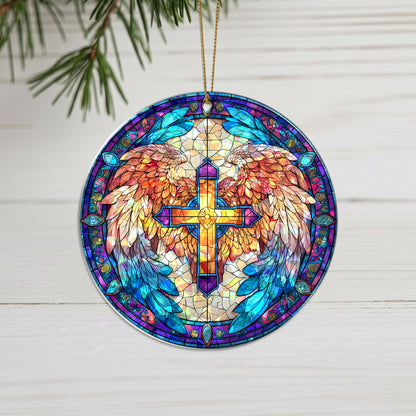 Stained Glass Angel Wing Cross Holographic Ornament | Symbol of Hope & Victory | Christian Keepsake