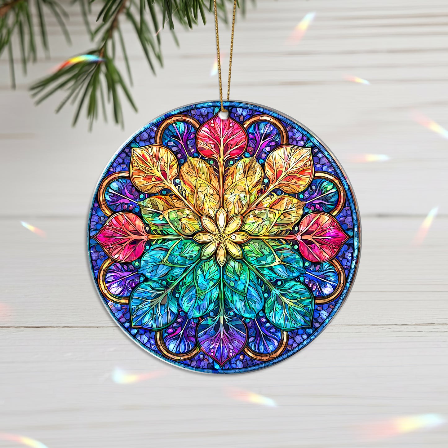 Stained Glass Mandala Holographic Christmas Ornament | Kaleidoscope of Color | Spiritual Harmony Keepsake