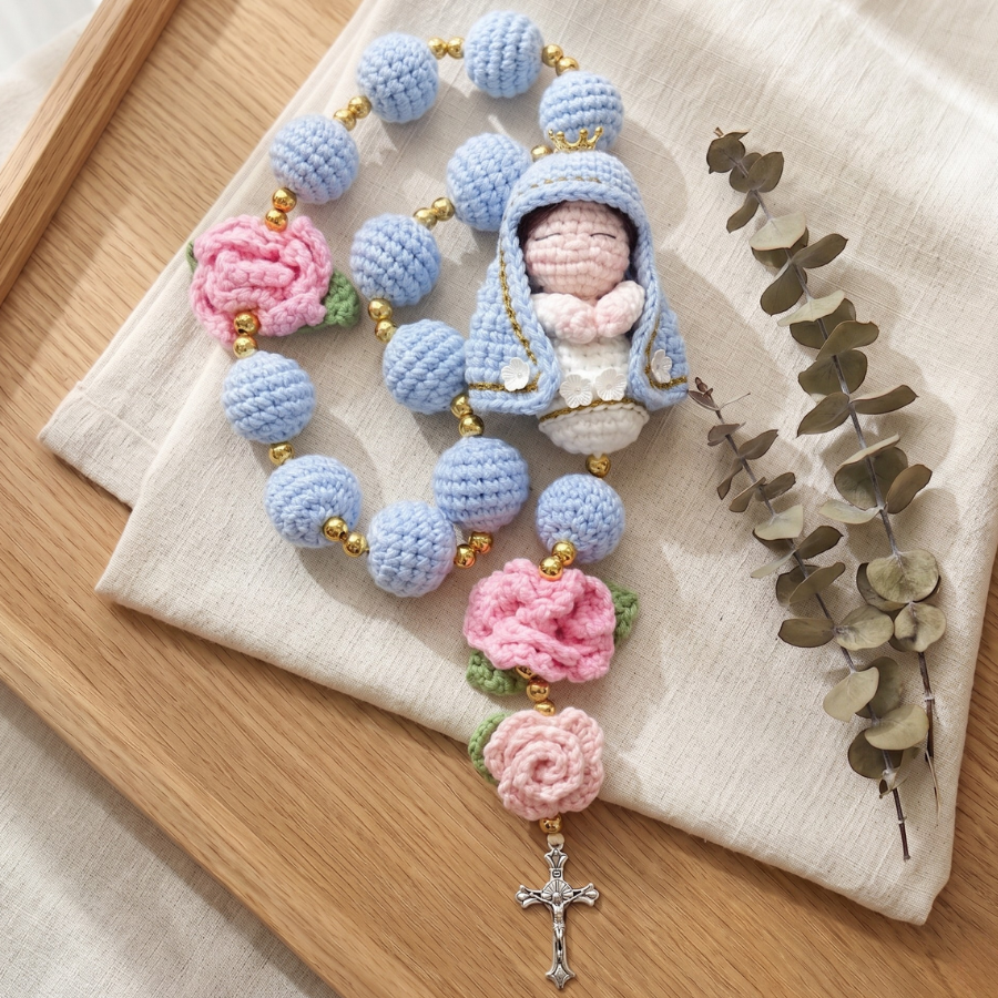 Handmade Crochet Rosary with Blessed Virgin Mary Figurine