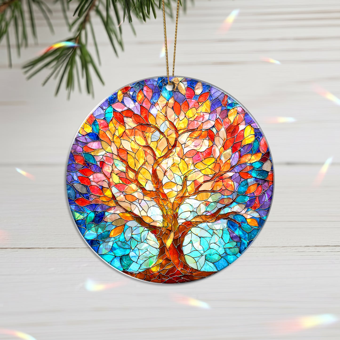 Vibrant Tree of Life Stained Glass Holographic Christmas Ornament | Symbol of Growth & Family | Colorful Holiday Keepsake