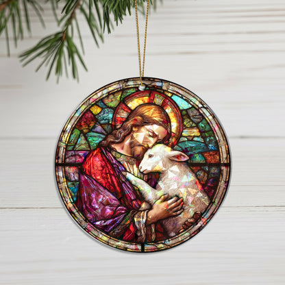 Stained Glass Good Shepherd Holographic Christmas Ornament | Jesus and Lamb Religious Keepsake | Christian Tree Decoration