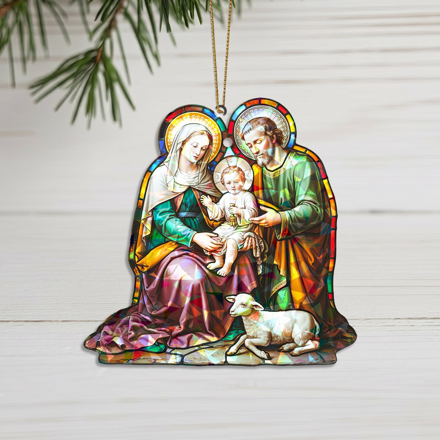 Stained Glass Holy Family Bell Holographic Christmas Ornament | Nativity Bell Keepsake | Religious Christian Decoration