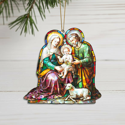 Stained Glass Holy Family Bell Holographic Christmas Ornament | Nativity Bell Keepsake | Religious Christian Decoration