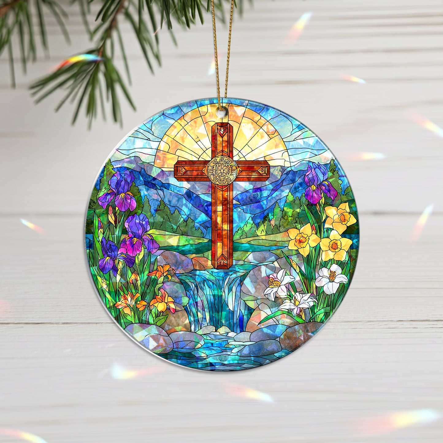 Stained Glass Cross Holographic Christmas Ornament | Symbol of Hope & New Life | Religious Christian Keepsake