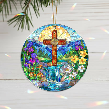 Stained Glass Cross Holographic Christmas Ornament | Symbol of Hope & New Life | Religious Christian Keepsake