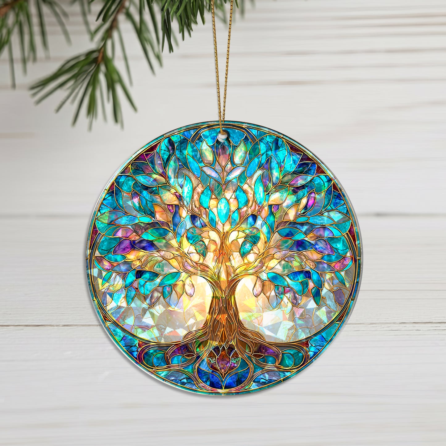 Vibrant Tree of Life Stained Glass Holographic Christmas Ornament | Symbol of Growth & Family | Colorful Holiday Keepsake