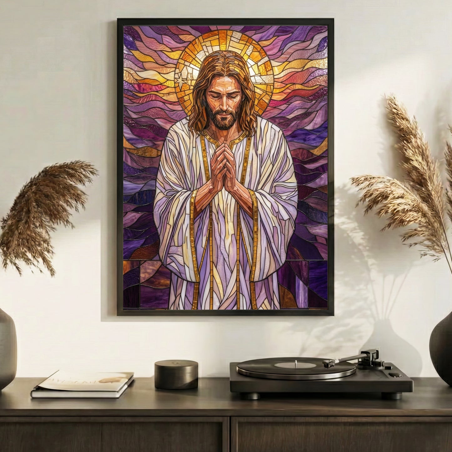 Jesus/ Virgin Mary Prayer Stained Glass Christian Wall Art Poster/Canvas