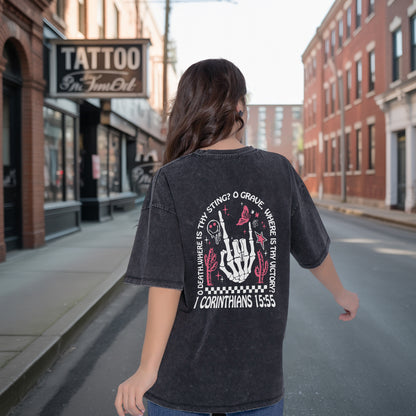 Where Is Thy Sting O Grave Christian Victory Washed 100% Cotton Two Sides T-Shirt 1 Corinthians 15:55 Faith Tee