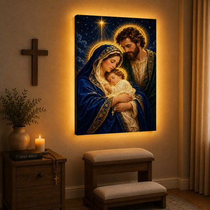 LED Holy Family Radiant Night Canvas/Mica – Christian Wall Art with Hidden Backlight