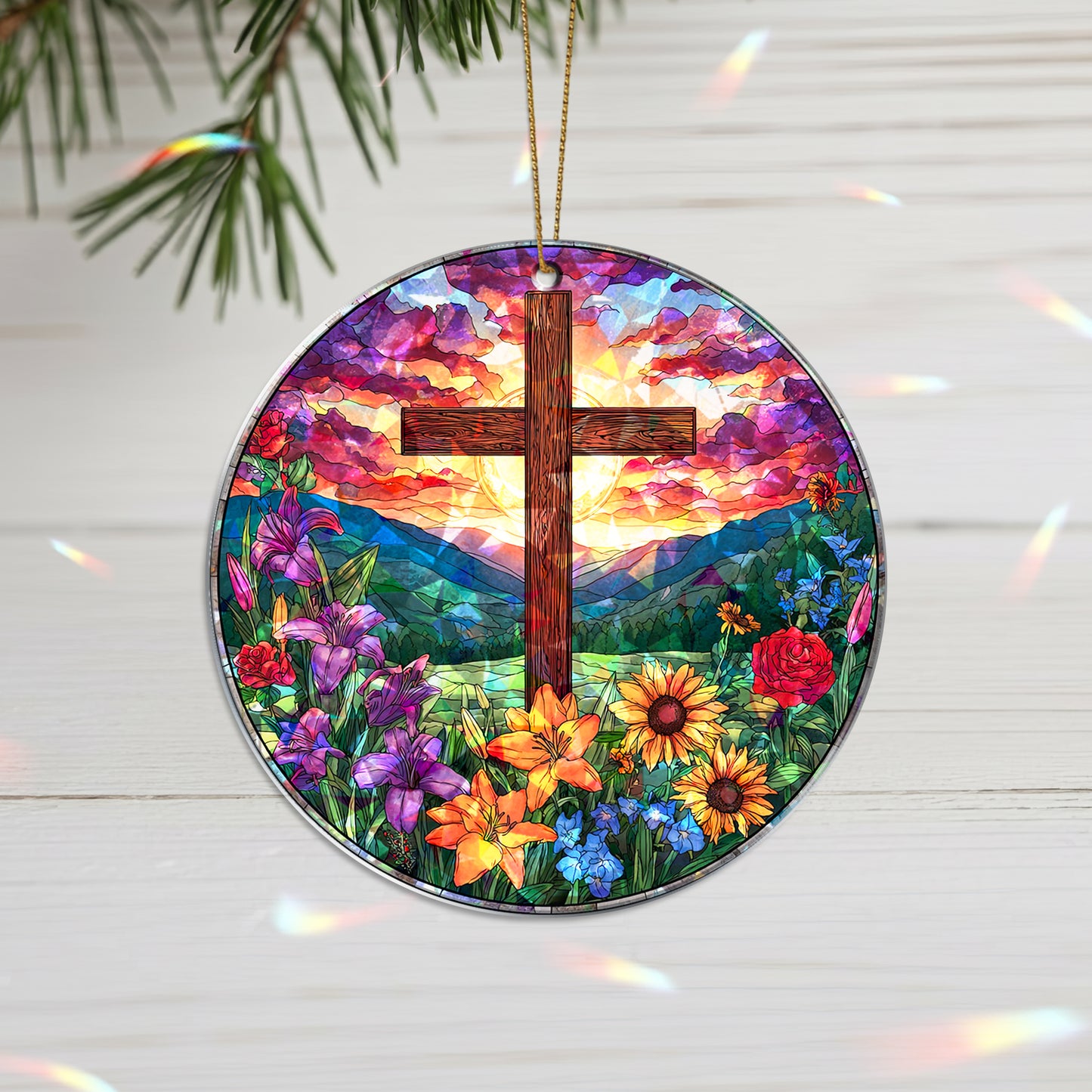 Stained Glass Cross Holographic Christmas Ornament | Symbol of Hope & New Life | Religious Christian Keepsake