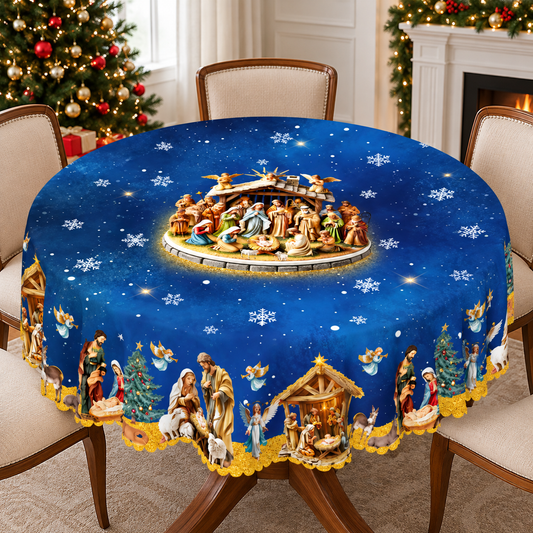 Holy Nativity Scene Christmas Tablecloth – Jesus Birth Blue Snowflake Holiday Table Cover