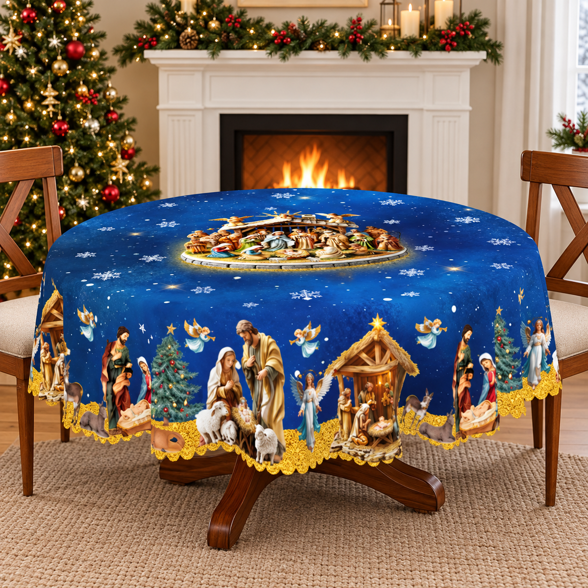 Holy Nativity Scene Christmas Tablecloth – Jesus Birth Blue Snowflake Holiday Table Cover