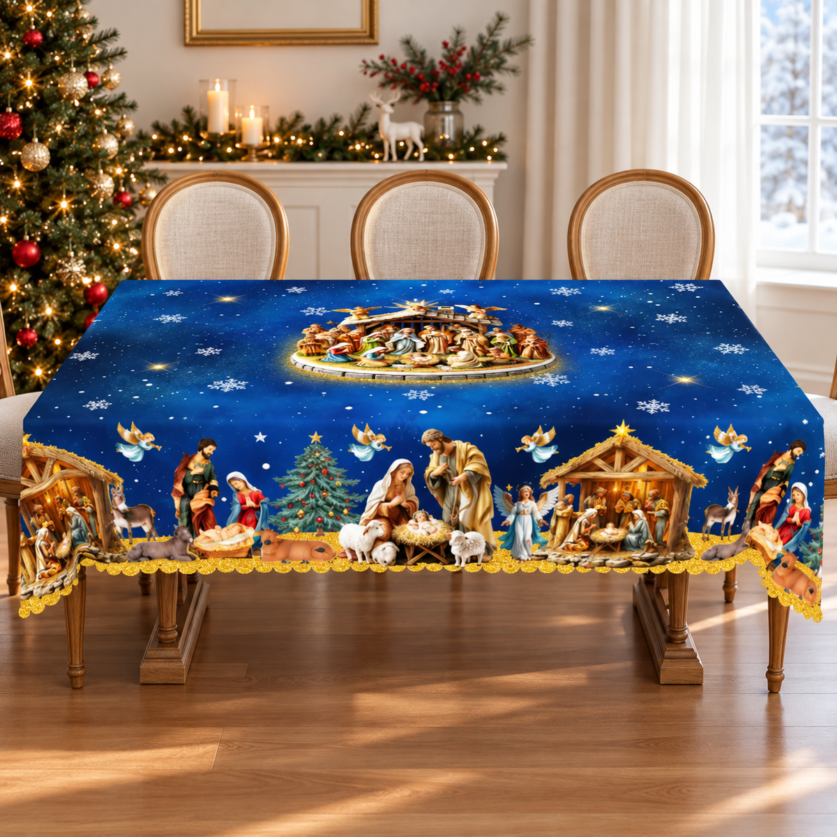 Holy Nativity Scene Christmas Tablecloth – Jesus Birth Blue Snowflake Holiday Table Cover