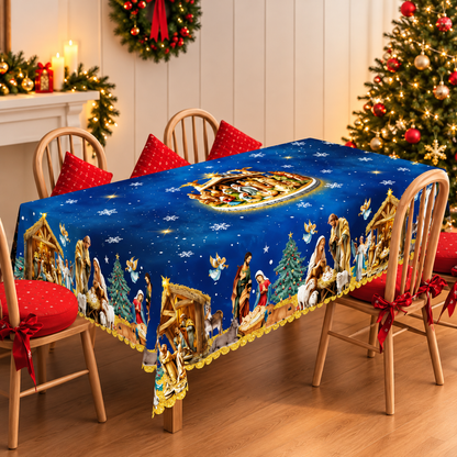 Holy Nativity Scene Christmas Tablecloth – Jesus Birth Blue Snowflake Holiday Table Cover
