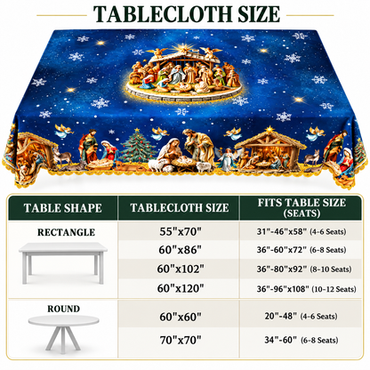 Holy Nativity Scene Christmas Tablecloth – Jesus Birth Blue Snowflake Holiday Table Cover