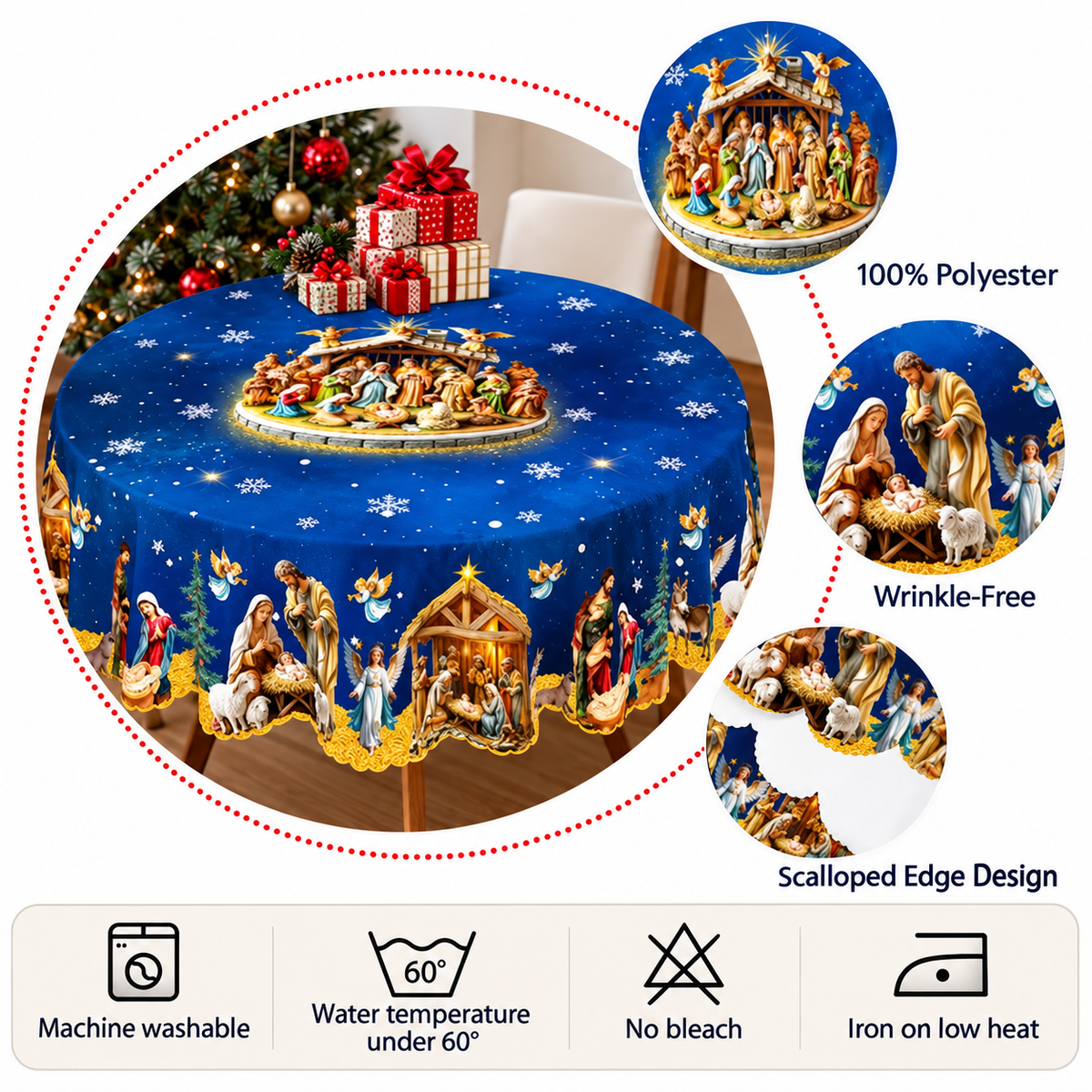 Holy Nativity Scene Christmas Tablecloth – Jesus Birth Blue Snowflake Holiday Table Cover