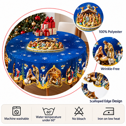 Holy Nativity Scene Christmas Tablecloth – Jesus Birth Blue Snowflake Holiday Table Cover